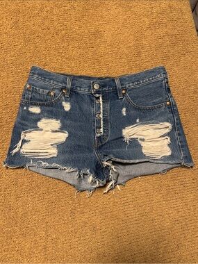 Levi's 501 Blue Distressed High-Rise Denim Cutoff Shorts